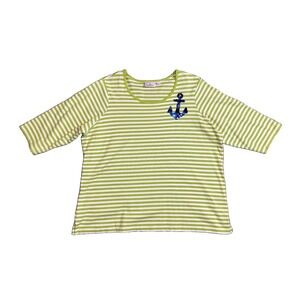 Quacker Factory Women's 2X Green White Striped Sequin Anchor Nautical Shirt Top